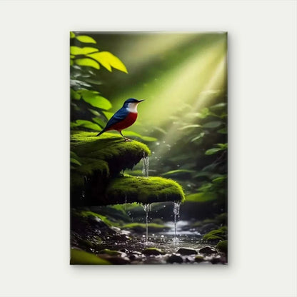 Blue & Red Bird, Waterfall & Mossy Rocks Metal Print Ready to Hang