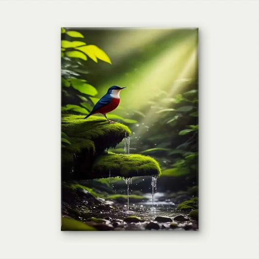 Blue & Red Bird, Waterfall & Mossy Rocks Metal Print Ready to Hang