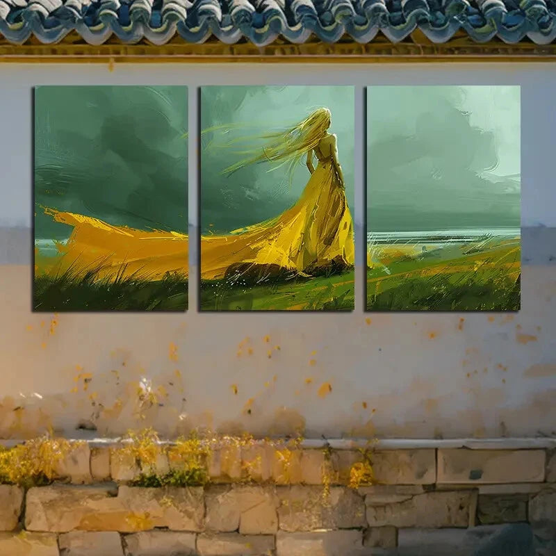 3pcs Yellow Skirt Woman Design Metal Print Ready to Hang Art