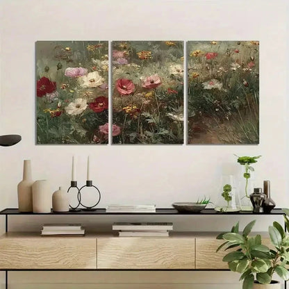 3pcs Vintage Wildflowers with Poppies Painting Metal Print Ready to Hang Art