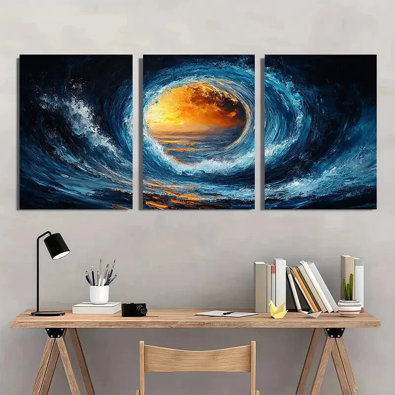 3pcs Abstract Blue Circular Golden Metal Print Ready to Hang Art