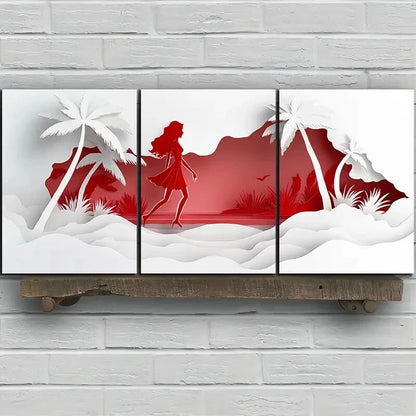 3pcs Coconut Trees And Women Beach Red & White Metal Print Ready to Hang Art