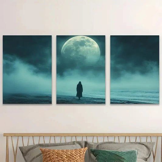 3pcs Ghostly Figure Full Moon & Foggy Night Scene Metal Print Ready to Hang Art