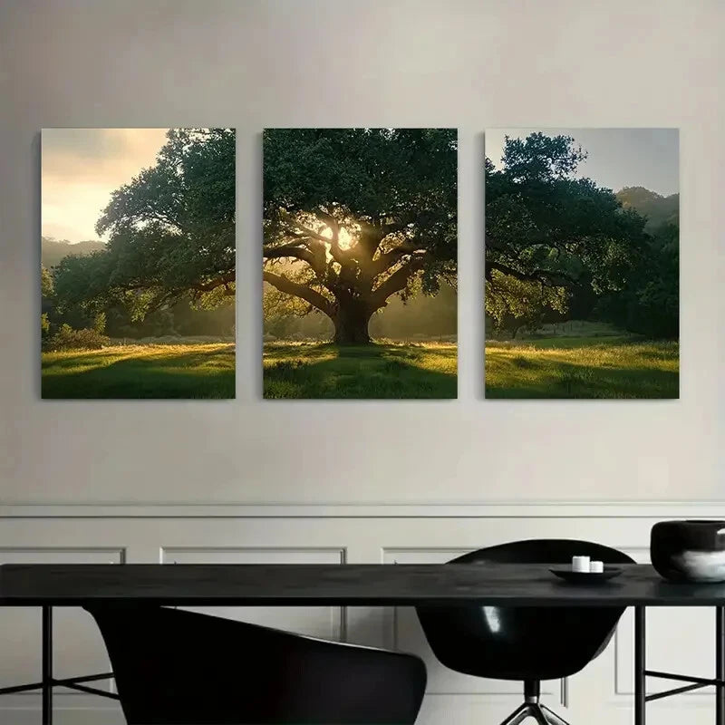 3pcs Majestic Oak Tree Meadow Nature Metal Print Ready to Hang Art