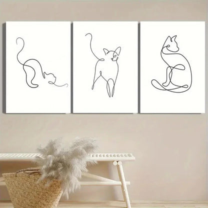 3pcs Abstract Line Cat Minimalist B&W Perfect Wall Art Set Canvas Framed 40x60cm - High Quality Print 100% Australian Made Wall Canvas Ready to Hang