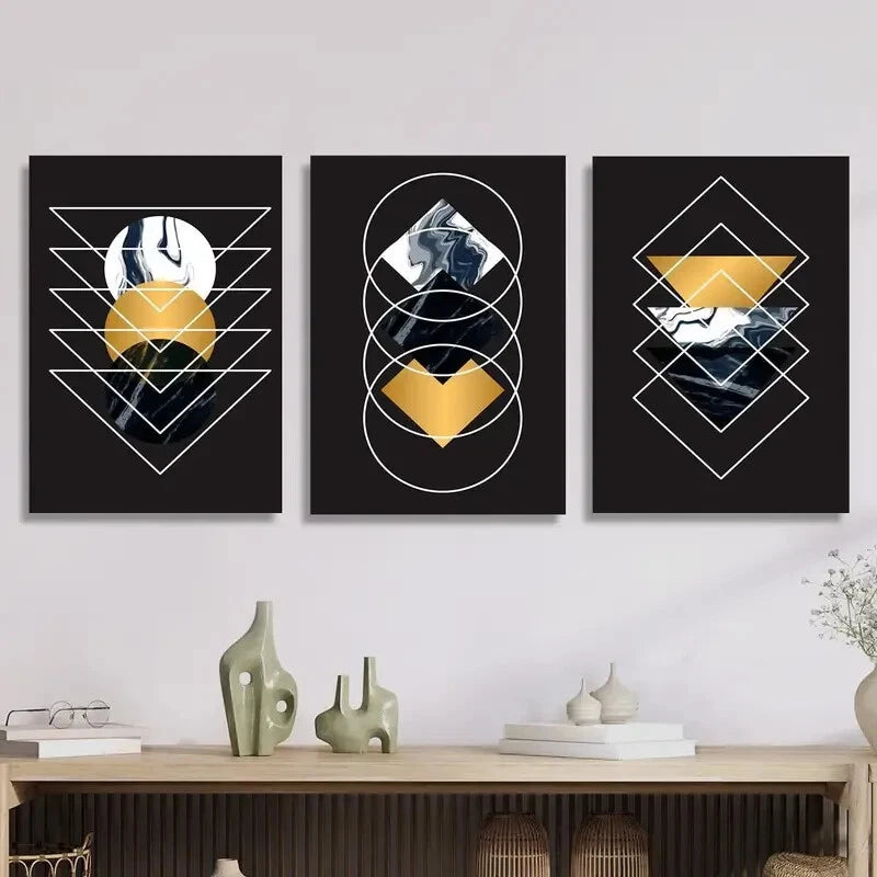 3pcs Luxurious art, geometric circle triangle Metal Print Ready to Hang Art
