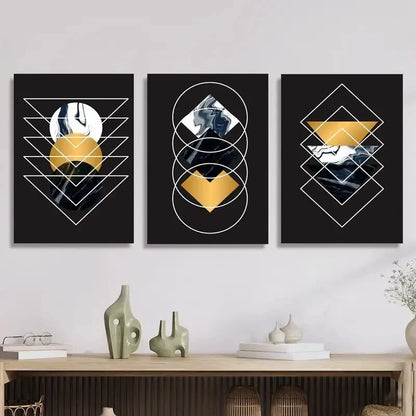 3pcs Luxurious art, geometric circle triangle Metal Print Ready to Hang Art