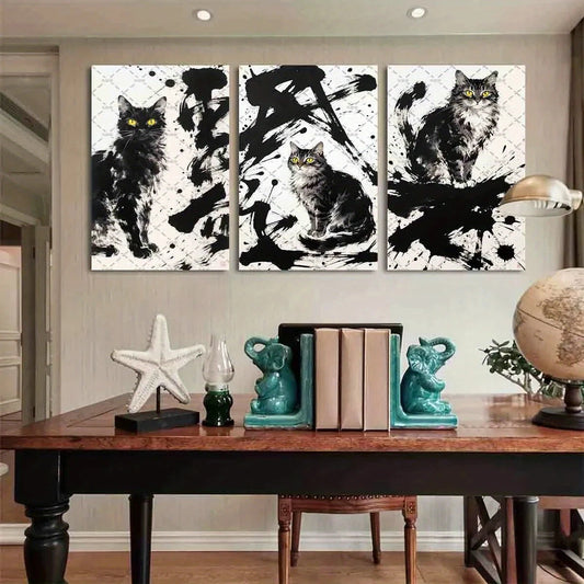 3pcs Black and White Cat Vibrant Yellow Eyes Metal Print Ready to Hang Art