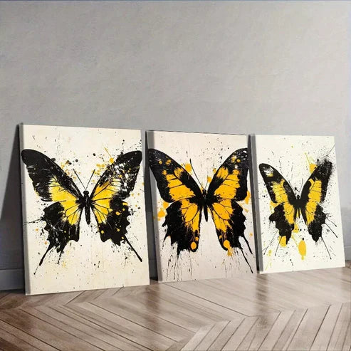 3pcs Black and Yellow Butterflies Colorful Wall Art Set Canvas Unframed - High Quality Print 100% Australian Made Wall Canvas