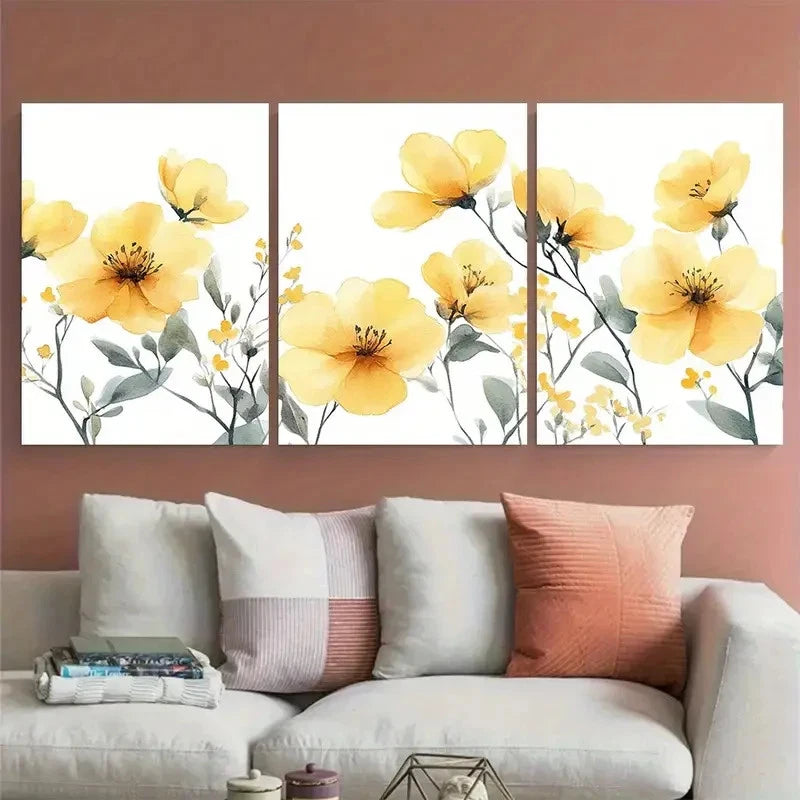 3pcs Delicate Yellow Flowers Watercolor Design Metal Print Ready to Hang Art