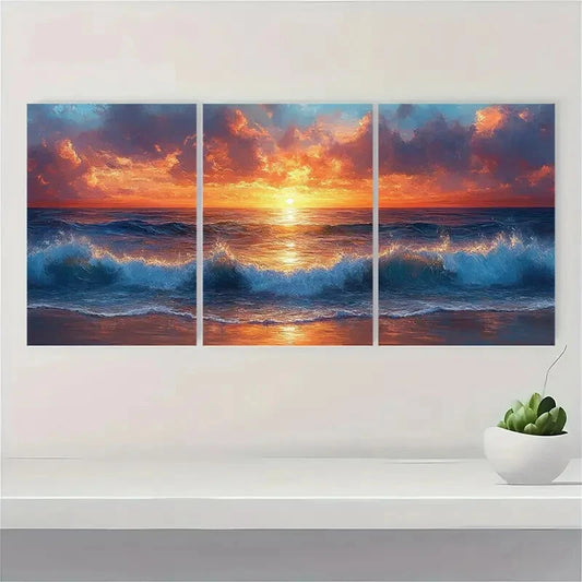 3pcs Ocean Waves Art Original Seascape Painting Metal Print Ready to Hang Art