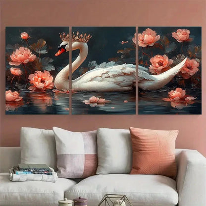 3pcs Elegant Crowned Swan with Floral On Lake Metal Print Ready to Hang Art