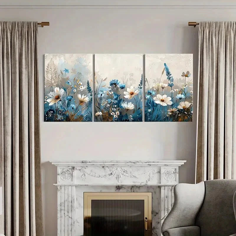 3pcs Abstract Floral Soft Blue White Flowers Metal Print Ready to Hang Art