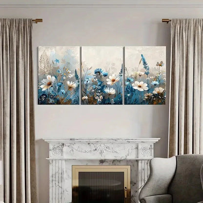 3pcs Abstract Floral Soft Blue White Flowers Metal Print Ready to Hang Art