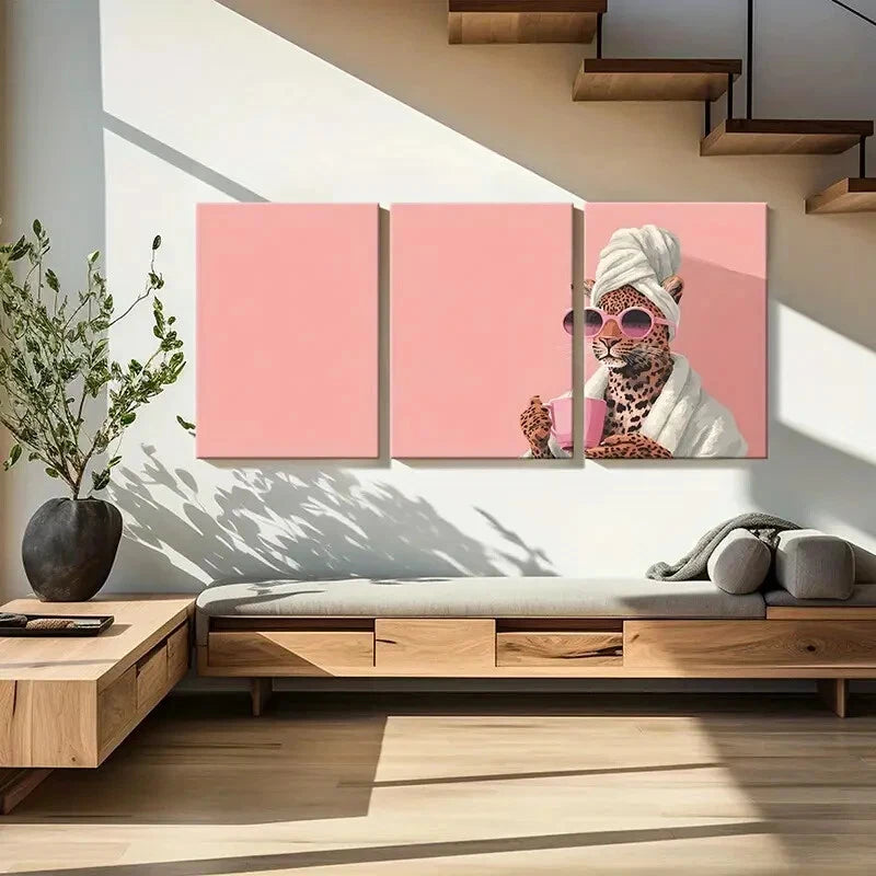 3pcs Artistic Leopard with Glasses Pink Mug Metal Print Ready to Hang Art