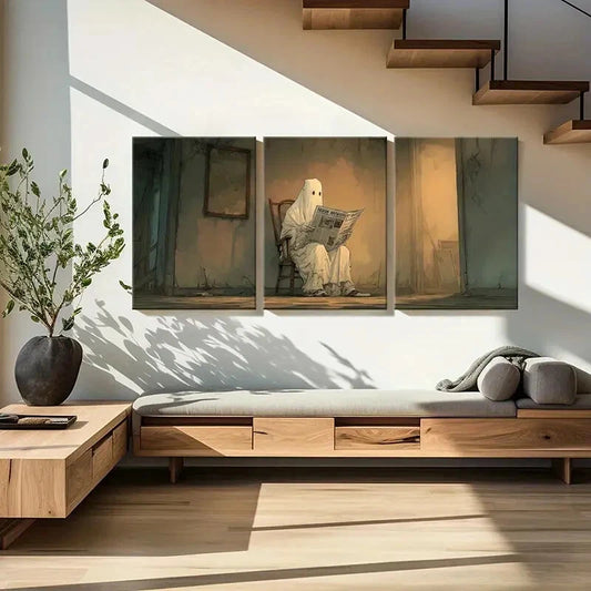 3pcs Ghost Reading Newspaper Spooky Atmosphere Metal Print Ready to Hang Art
