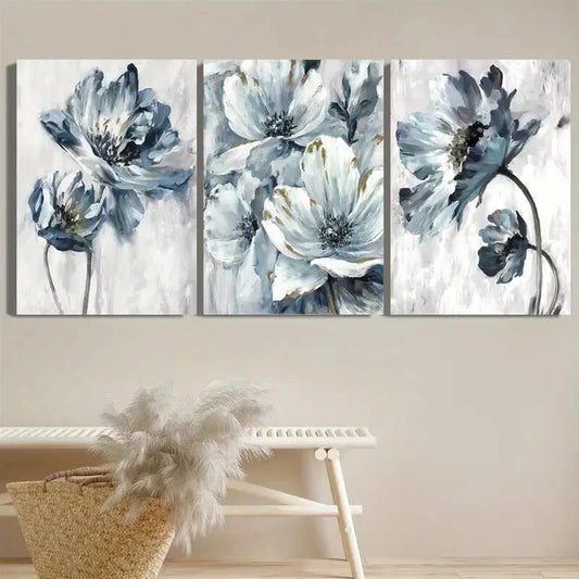 3pcs Vintage Blue Botanical Flower Painting Metal Print Ready to Hang Art