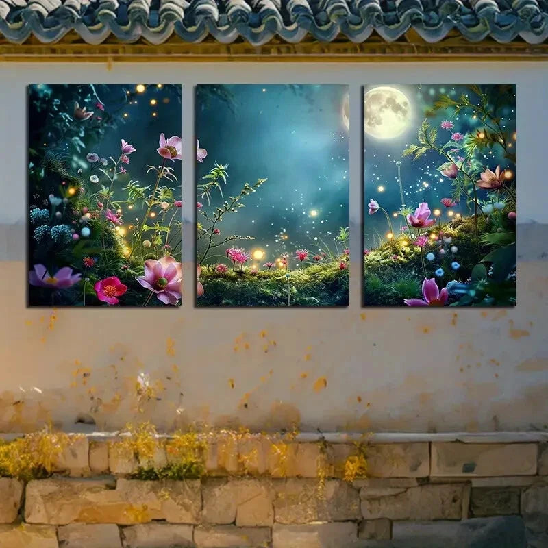 3pcs Vibrant Floral Garden with Moon View Design Metal Print Ready to Hang Art