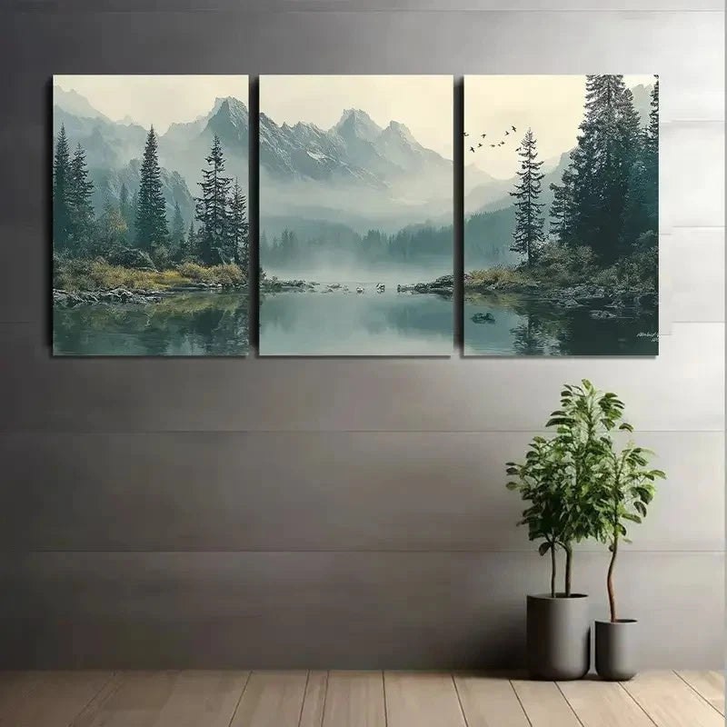 3pcs Serene Lake Surrounded by Pine Trees Metal Print Ready to Hang Art