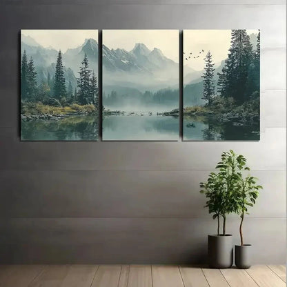 3pcs Serene Lake Surrounded by Pine Trees Metal Print Ready to Hang Art