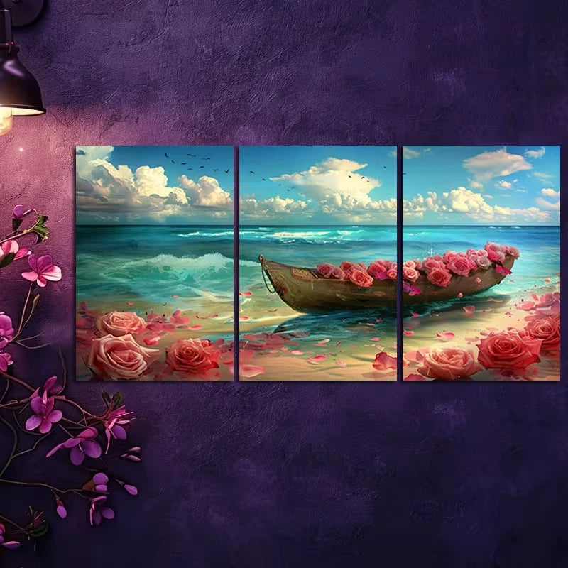 3pcs Serene Beach Scene with Boat and Roses Wall Art Set Canvas Framed 60x90cm - High Quality Print 100% Australian Made Wall Canvas Ready to Hang