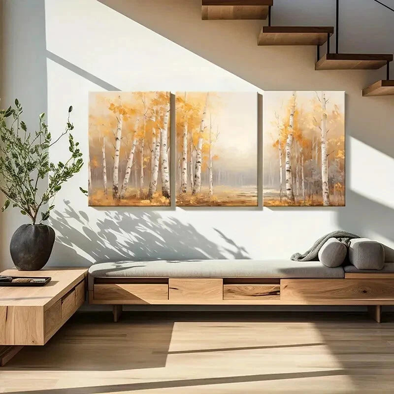 3pcs Autumn Forest Birch Trees Golden Leaves Metal Print Ready to Hang Art