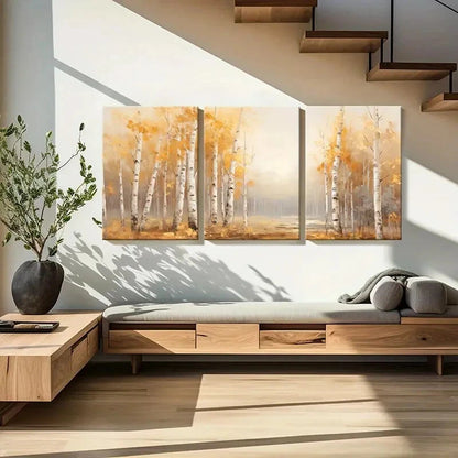 3pcs Autumn Forest Birch Trees Golden Leaves Metal Print Ready to Hang Art