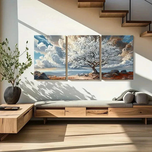 3pcs Blossoming Tree Flowers Natural Scenery Metal Print Ready to Hang Art