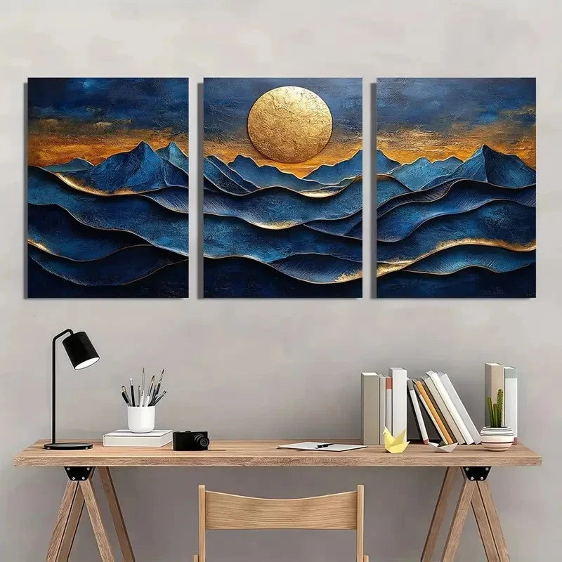 3pcs Blue and Golden Texture Natural Landscape Metal Print Ready to Hang Art