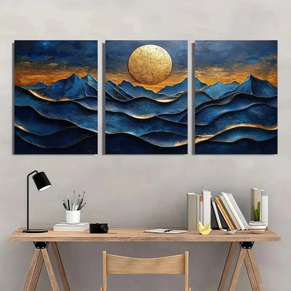 3pcs Blue and Golden Texture Natural Landscape Metal Print Ready to Hang Art