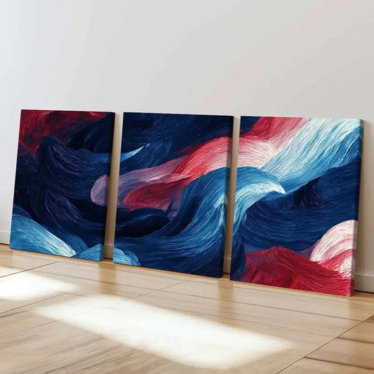 3pcs Abstract Waves Art, Blue Red White Color Wall Art Set Canvas Framed 60x90cm - High Quality Print 100% Australian Made Wall Canvas Ready to Hang