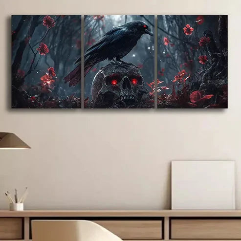 3pcs Raven skull Canvas Framed  60x90cm - High Quality Print 100% Australian Made Wall Canvas Ready to Hang