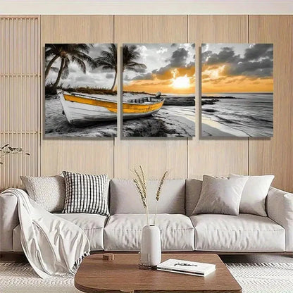3pcs Black and White Yellow Coastal Style Metal Print Ready to Hang Art