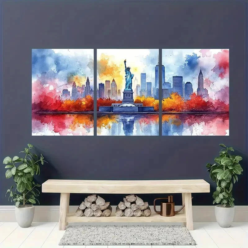 3pcs Statue of Liberty Watercolor Print Metal Print Ready to Hang Art