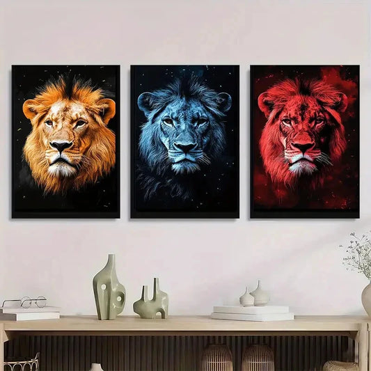 3pcs Modern Animal Vibrant Colourful Lion Metal Print Ready to Hang Art