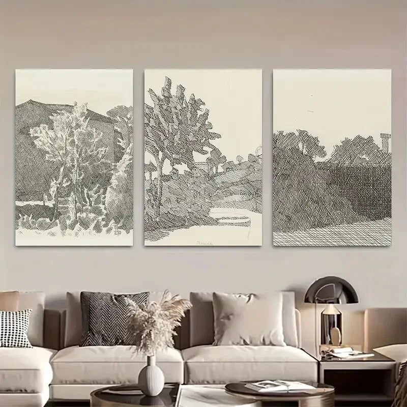 3pcs Sketch Country Landscape by Morandi Metal Print Ready to Hang Art