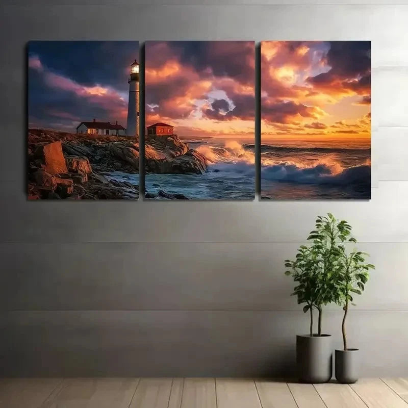 3pcs Lighthouse on Rocky Shore at Night Metal Print Ready to Hang Art