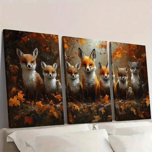 3pcs Fox Family in Vibrant Autumn Forest Wall Art Set Canvas Framed 40x60cm - High Quality Print 100% Australian Made Wall Canvas Ready to Hang