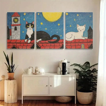 3pcs Black and White Cats with Red Roof Metal Print Ready to Hang Art