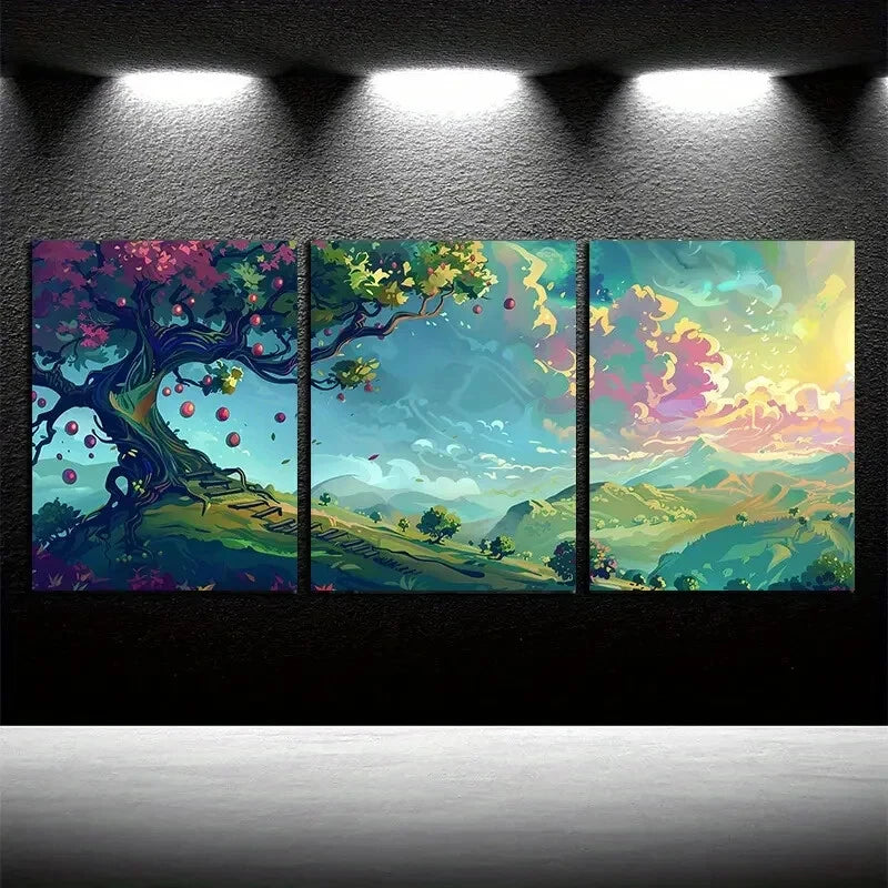 3pcs Orchard Landscape Vibrant Nature Scenes Metal Print Ready to Hang Art