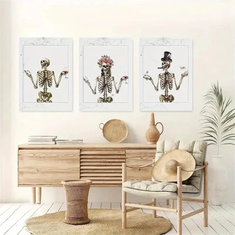 3pcs Spooky Season Halloween Skeleton Watercolor Metal Print Ready to Hang Art