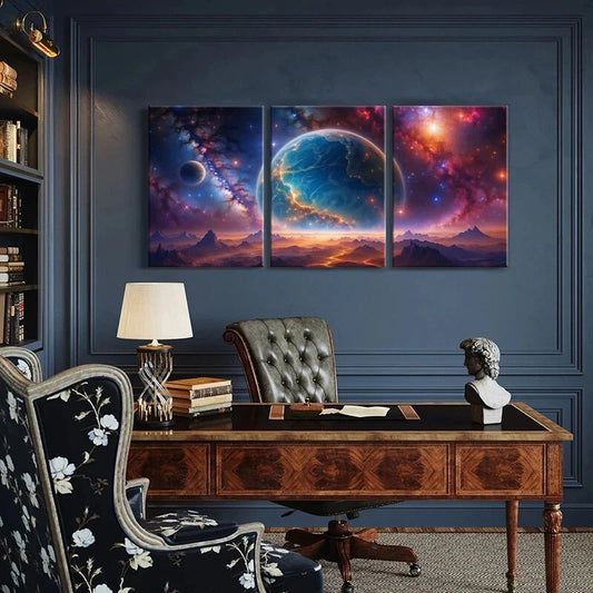 3pcs Planets Stars and Mountains Vibrant Fantasy Metal Print Ready to Hang Art