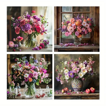 4pcs Mixed Flower Paintings, Vase Wall Art Canvas Framed