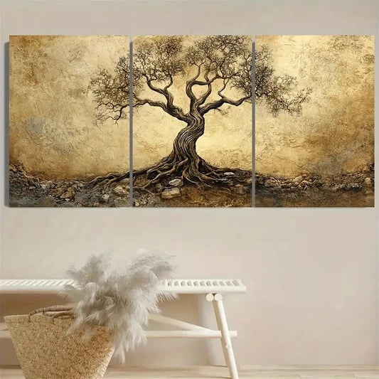 3pcs Intricate Tree with Roots, Wabi Sabi work Metal Print Ready to Hang Art