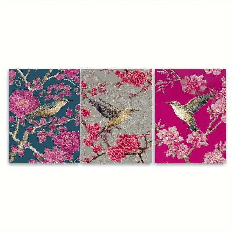 3pcs Vintage Vietnamese Floral Pink Illustration Wall Art Set Canvas Framed 50x70cm - High Quality Print 100% Australian Made Wall Canvas Ready to Hang