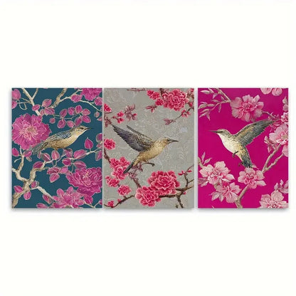 3pcs Vintage Vietnamese Floral Pink Illustration Wall Art Set Canvas Framed 50x70cm - High Quality Print 100% Australian Made Wall Canvas Ready to Hang