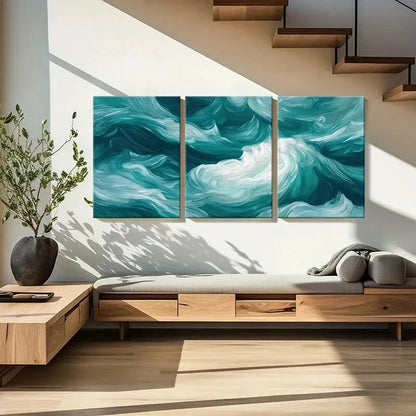 3pcs Abstract Ocean Waves Art Turquoise White Metal Print Ready to Hang Art