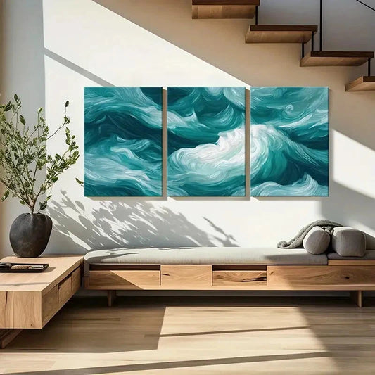 3pcs Abstract Ocean Waves Art Turquoise White Metal Print Ready to Hang Art
