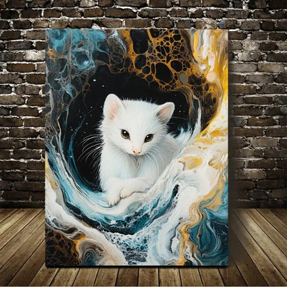 Beautiful Elegant White Kitten Abstract Painting 40x60cm Metal Print Ready to Hang