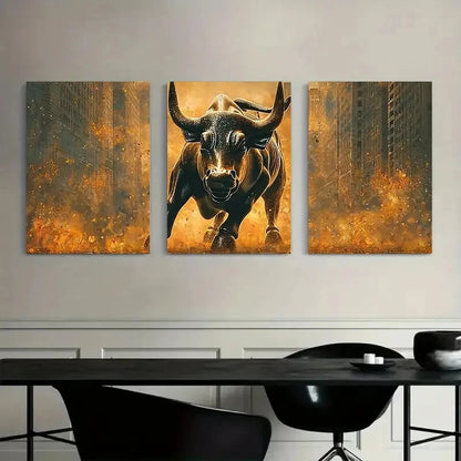 3pcs Majestic Bull Charging Golden Glowing Metal Print Ready to Hang Art
